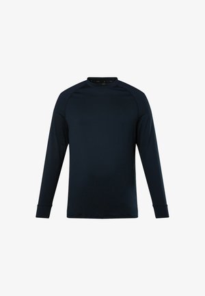 Navy lange mouwen shirt met een ronde halslijn, raglan mouwen en een zachte, gladde textuur. Heeft minimale branding aan de voorkant.