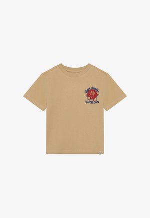 Beige katoenen t-shirt met een ronde hals en korte mouwen. Voorzijde linksonder een gedrukte afbeelding met tekst en grafische elementen.