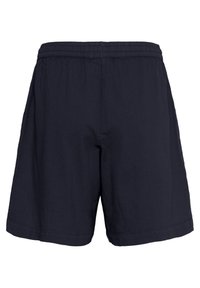 Marineblaue Shorts aus leichtem Stoff, mit einem Gummibund und einem lockeren, geraden Schnitt ohne Taschen.
