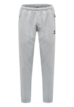 Lichtgrijze joggingsbroek van een zachte katoenmix. Elastische tailleband met een trekkoord, zijzakken en een klein logo detail op de dij.