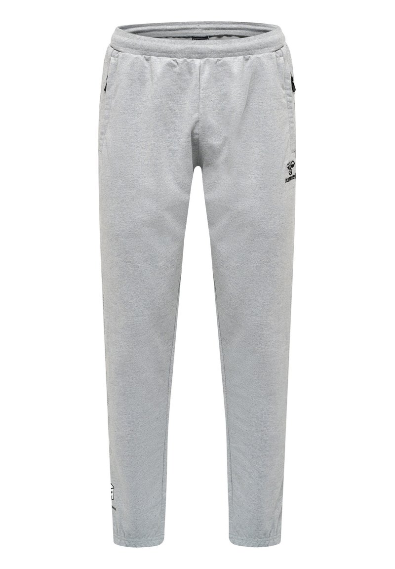 Hellgraue Jogginghose aus weichem Baumwollmix. Elastischer Bund mit Kordelzug, seitlichen Taschen und kleinem Logo-Detail am Oberschenkel.