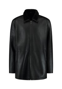 Black leather jacket with front zipper, side pockets, and a soft black fur collar, shown on a white background.