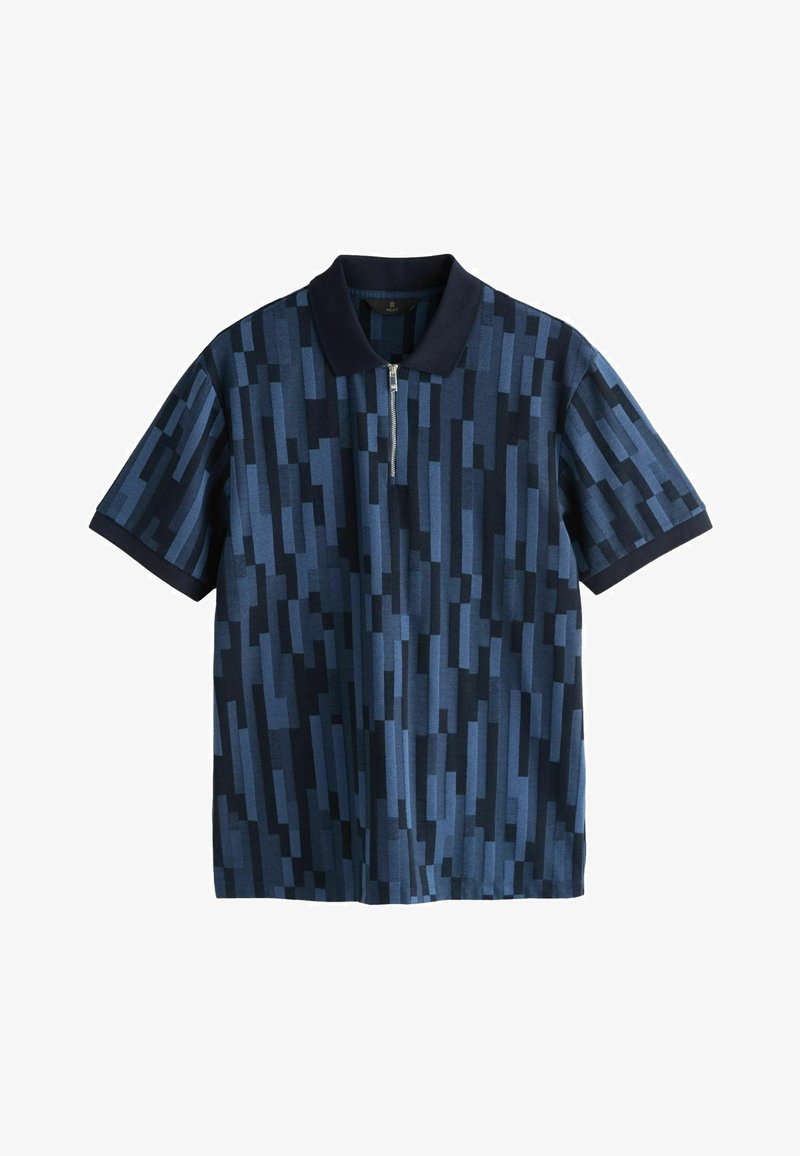 Kurzärmeliges Polohemd mit marineblauem Kragen, blauem und schwarzem vertikal pixeligem Muster sowie einem silbernen Reißverschluss vorne.