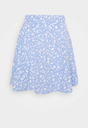 Light blue skirt with white abstract spots and an elastic waistband, flared and knee-length.