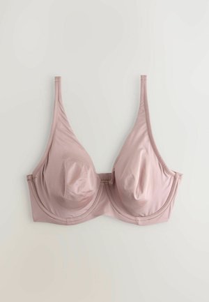 Lichtroze bh van glad materiaal, met onderbroken ondersteuning en brede verstelbare bandjes. Bevat gevormde cups en een naadloos ontwerp.
