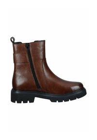 Bottines en cuir marron avec une fermeture éclair sur le côté, semelle noire rembourrée, bout rond, et une languette à l'arrière pour un enfilage facile.