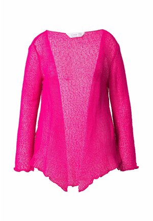 Roze, langarm top met een gestructureerd breiontwerp. Voorzien van een V-halslijn en een asymmetrische zoom met ronde uiteinden. Lichtgewicht materiaal.