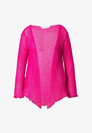 Rosa Langarm-Oberteil mit strukturiertem Strickdesign. Mit V-Ausschnitt und asymmetrischem Saum mit gewellten Kanten. Leichtes Material.