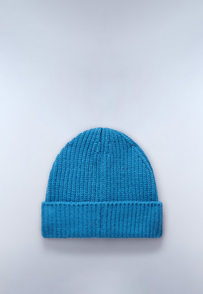 Beanie blu lavorato a maglia con texture a coste e risvolto, caratterizzato da un design senza cuciture e un motivo a punto uniforme.