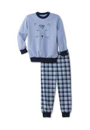 Hellblaues Sweatshirt mit einem Löwenkopf-Druck; marinefarbene Rippbündchen. Kariertes Schlafanzughose in Blau und Marine mit elastischen Bündchen. Weicher Baumwollstoff.