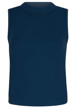 Ärmelloses marineblaues Top mit rundem Ausschnitt, schlichtem Design und kleinem metallicfarbenem Detail nahe dem unteren Saum an der linken Seite.