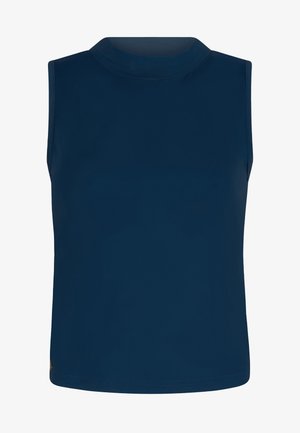 Top sin mangas azul marino con escote redondo, diseño liso y pequeño detalle metálico cerca del dobladillo inferior en el lado izquierdo.