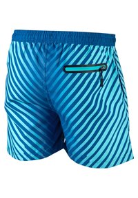Shorts de bain bleus avec des rayures horizontales alternativement claires et foncées, une taille élastique et une poche zippée sur le côté.