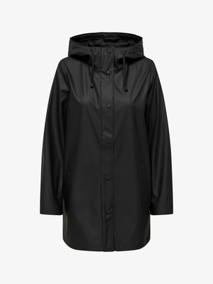 Čierny nepremokavý pršiplášť s kapucňou, zapínaním na predné cvoky, šnúrkami na stiahnutie, dlhými rukávmi a bočnými vreckami.