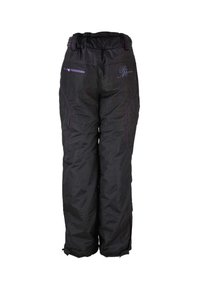 Zwarte geïsoleerde skibroek met paarse accenten, voorzien van een verstelbare tailleband, een ritszak en een gewoven stof voor extra warmte.