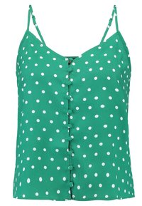 Top verde senza maniche realizzato in tessuto liscio, con pois bianchi, scollatura a V e dettaglio con bottoni sulla parte anteriore.