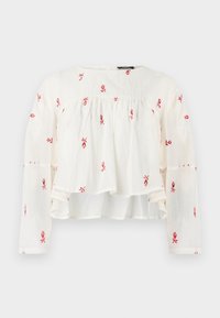 White long-sleeve blouse with red floral embroidery, loose fit, and gathered details below the chest and on sleeves.