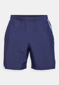 Mörkblå shorts tillverkade av lättviktsmaterial, med elastisk midjeband, kontrasterande ljusblå sidostreck och en mjuk struktur.