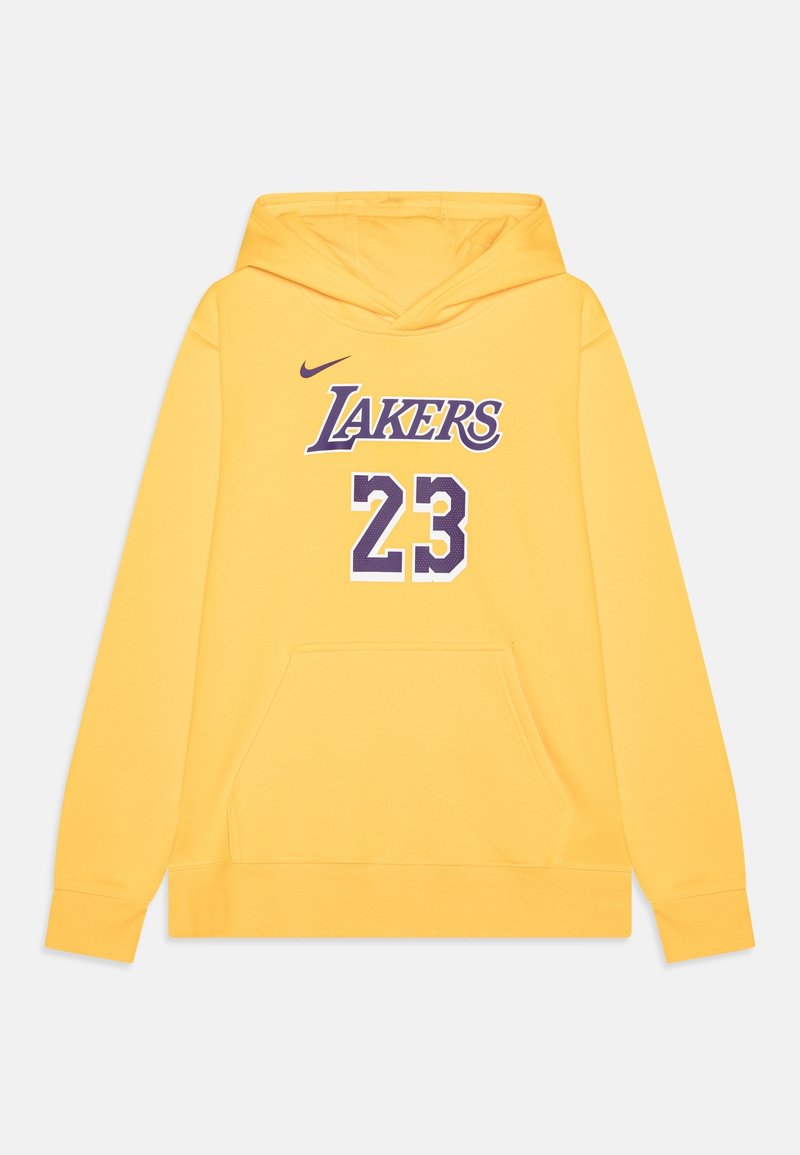 Felpa gialla in cotone con tasca frontale. Presenta la scritta "LAKERS" in viola sopra il numero "23" in bianco con accenti viola.