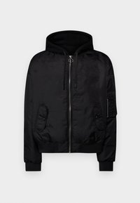 Giubbotto bomber nero con cappuccio, chiusura a zip, due tasche frontali, polsini e orlo a coste, tessuto in nylon liscio e leggero lucido.