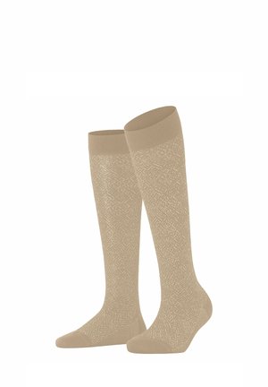 Paar beige knielange Socken mit dezentem Strukturmuster und einfarbigen Zehen- und Bündchenbereichen.