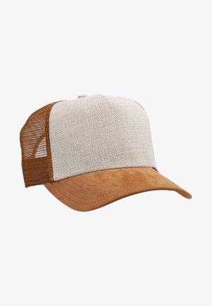 Tan suede and beige fabric cap with a structured crown, mesh side panels, and a curved visor. Features stitching on the visor.