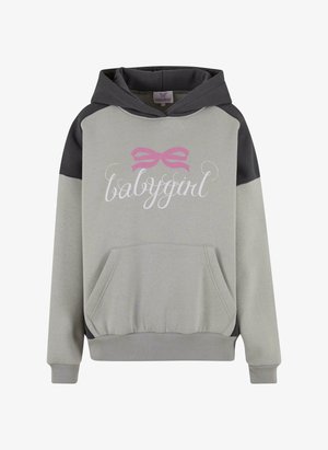 Gray hooded sweatshirt featuring a pink bow graphic and the word "babygirl" in cursive. Includes a front pocket and ribbed cuffs.