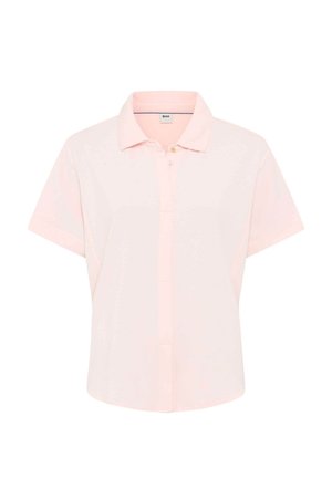 Lyserød kortærmet polo skjorte med klassisk krave og skjult knapstolpe, lavet af glat stof.