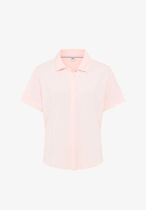 Polo a maniche corte di colore rosa chiaro con colletto classico e patta con bottoni nascosti, realizzata in tessuto liscio.