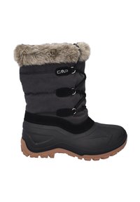 Bottes noires imperméables avec un col en fausse fourrure, des lacets ajustables et une semelle en caoutchouc. Le design présente un dessus texturé et un talon renforcé.