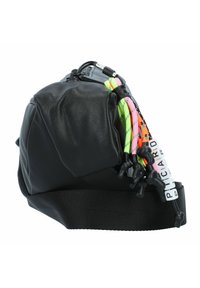 Black leather backpack with a soft texture, featuring colorful cords in pink, green, and orange, and a black fabric base.