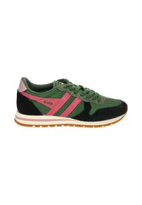 Green and black athletic shoe with pink and green stripes, mesh and suede materials, round toe, and a white and orange rubber sole.