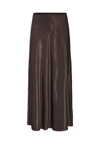 Ruda, metalinė, midi ilgio sijonas su plazdančiu dizainu ir elastinga juosta. Lygus tekstūra su subtiliu blizgesiu, sukuriantis elegantišką išvaizdą.