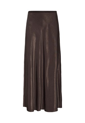 Brauner, metallischer Midirock mit fließendem Design und elastischem Bund. Glatte Textur mit dezenter Ausstrahlung, die eine elegante Erscheinung schafft.