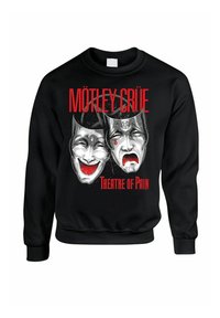 Černá mikina s grafickým designem dvou divadelních masek, s textem "MÖTLEY CRÜE" a "Theatre of Pain" v červené barvě.