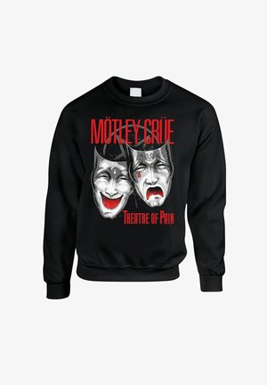 Sudadera negra con un diseño gráfico de dos máscaras teatrales, con el texto "MÖTLEY CRÜE" y "Teatro del Dolor" en rojo.