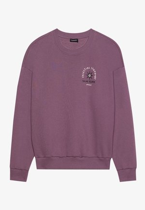 Paarse sweatshirt met een ronde hals, lange mouwen, ribgebreide manchetten en zoom. Gedrukte ontwerp met de tekst "Celestial Symphony Solar Eclipse."