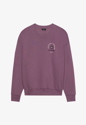 Sweat-shirt violet avec encolure ronde, manches longues, poignets et ourlet côtelés. Design imprimé avec le texte "Symphonie Céleste Éclipse Solaire."