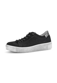 Black suede lace-up sneaker with a textured white rubber sole and silver accents at the heel. Smooth interior lining.