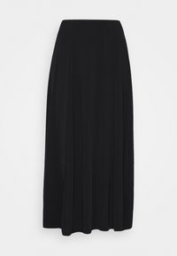 Falda maxi negra en una tela ligera y suave, con una cintura alta y pliegues fluidos que ofrecen una silueta elegante.