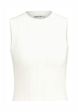 Haut sans manches blanc à côtes avec un col haut. Présente des lignes verticales créant un motif texturé. Fabriqué en tissu jersey extensible.