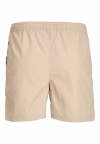 Shorts beige pour homme avec taille élastique et poches latérales, en tissu léger, présentés de face sur fond blanc.