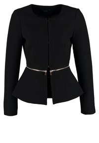 Schwarze strukturierte Jacke mit Rundhalsausschnitt, langen Ärmeln und Peplum-Saum. Mit durchgehendem Reißverschluss und silbernen Hardware-Akzenten. Strukturierter Stoff.