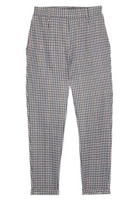 Pantalons à carreaux gris avec un design à motifs, une taille élastique, des jambes fuselées et des plis pour plus de détails.