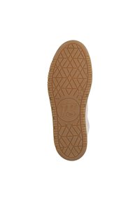 Semelle de sneaker en caoutchouc beige, dotée d'un motif de grip texturé avec des formes géométriques et un logo au centre.