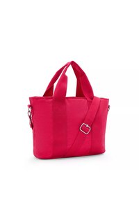 Borsa a tracolla rossa realizzata in tessuto resistente, con manici corti doppi e una tracolla regolabile. Forma semplice e rettangolare.