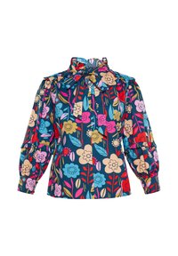 Blusa con stampa floreale, con scollo e maniche arricciate. Colori vivaci come rosa, blu e rosso su uno sfondo blu scuro.