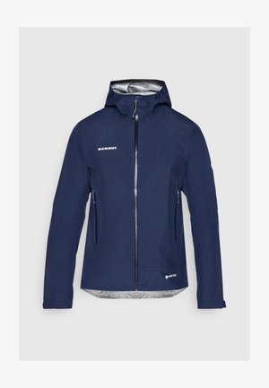 Marineblaue, wasserdichte Kapuzenjacke mit durchgehendem Frontreißverschluss, zwei seitlichen Reißverschlusstaschen, Mammut-Logo auf der Brust und Gore-Tex-Logo nahe dem Saum.