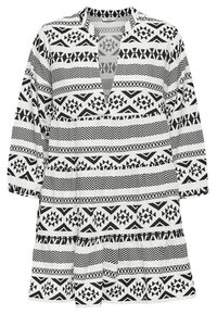 Schwarz-weiß gemusterte Tunika mit geometrischen Designs, V-Ausschnitt, Dreiviertelärmeln und einem gestuften Saum.