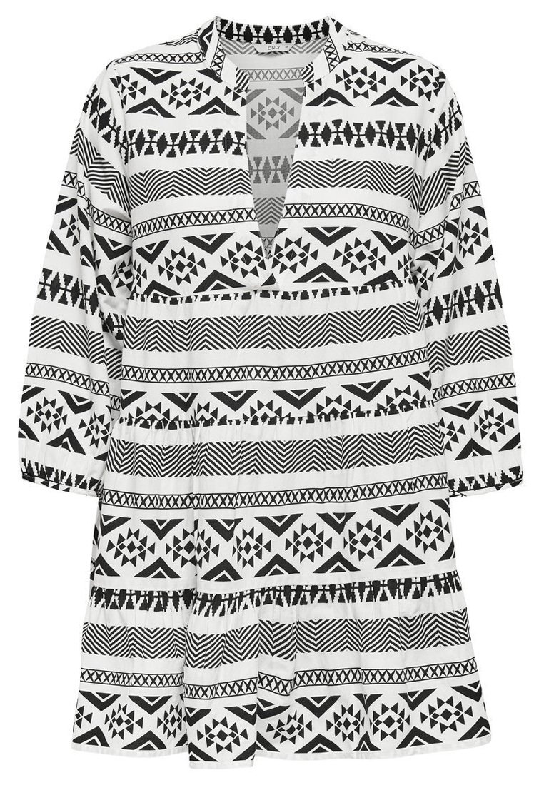 Schwarz-weiß gemusterte Tunika mit geometrischen Designs, V-Ausschnitt, Dreiviertelärmeln und einem gestuften Saum.